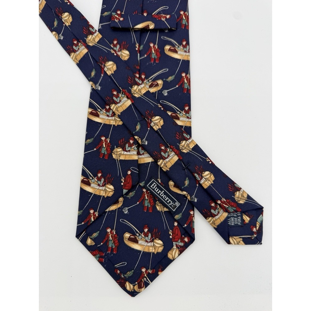 Vintage Burberry Silk Tie Fishing Angler Boat Novelty Navy Extra Wide 58x4